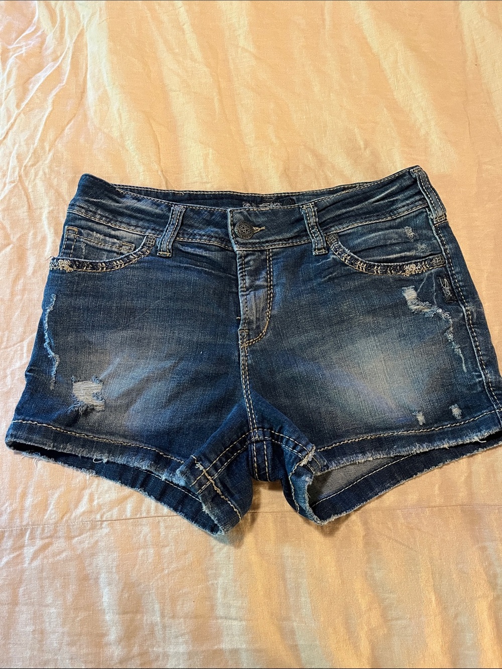 Silver Jeans Dark Blue Distressed Denim Shorts